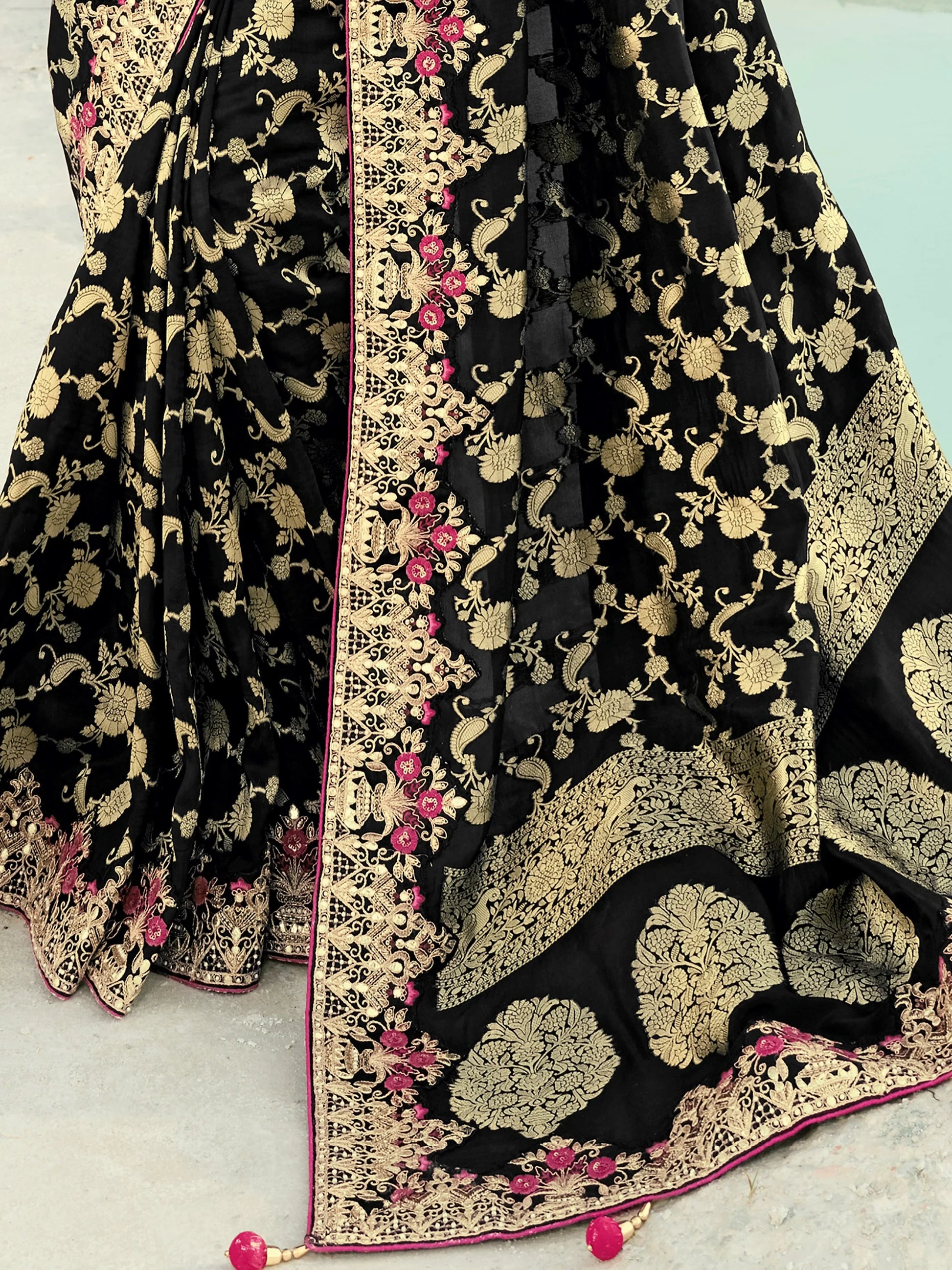 Wonderful Black Zari Work Satin Function Wear Saree With Blouse