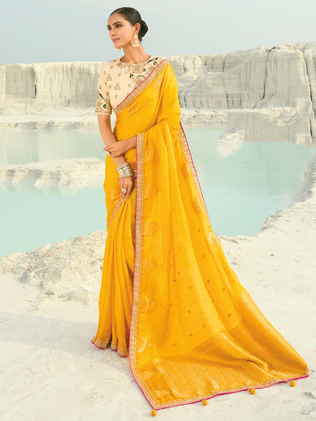 Sparkling Yellow Embroidered Satin Festival Wear Saree With Blouse