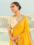 Sparkling Yellow Embroidered Satin Festival Wear Saree With Blouse