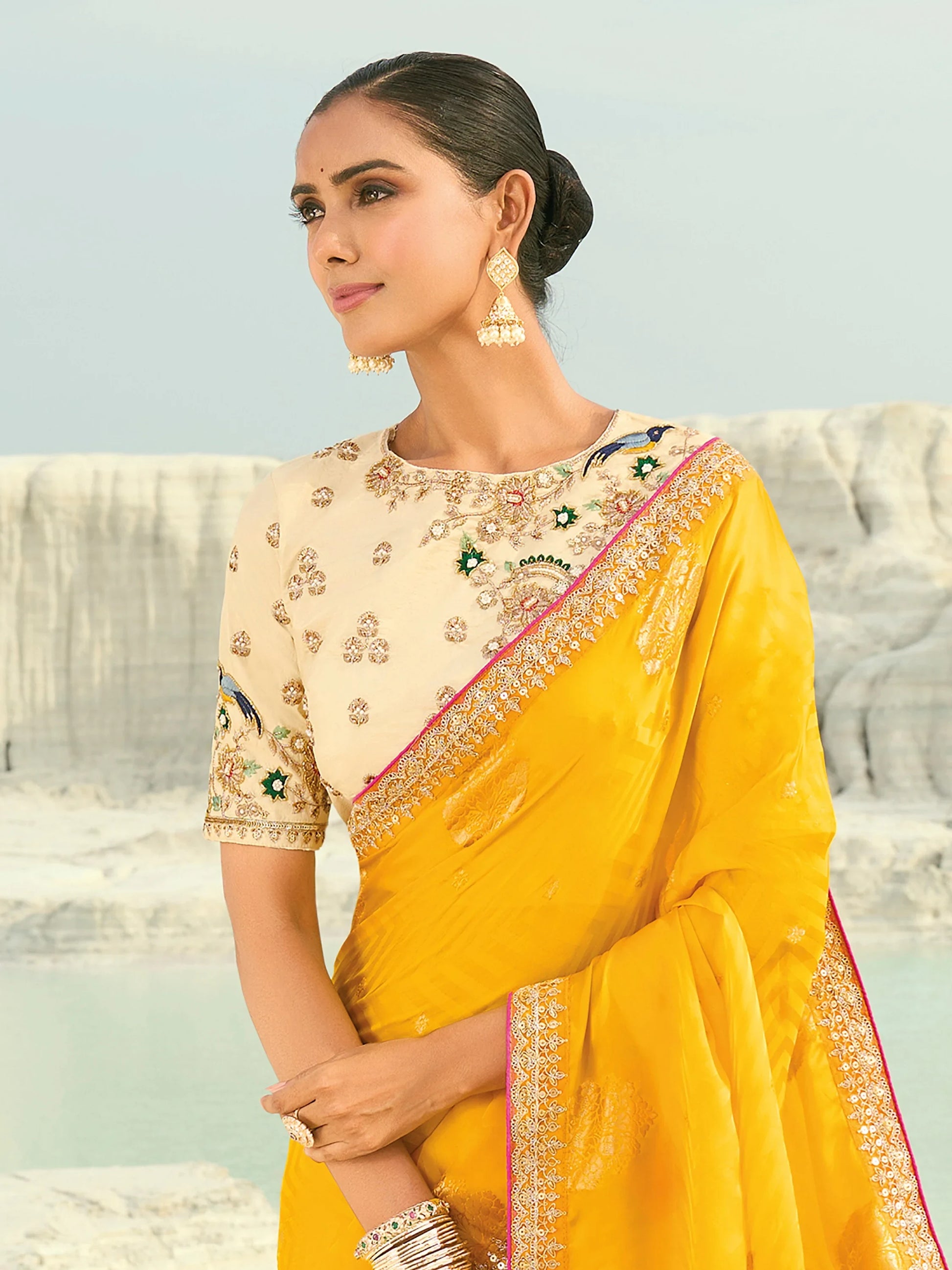 Sparkling Yellow Embroidered Satin Festival Wear Saree With Blouse