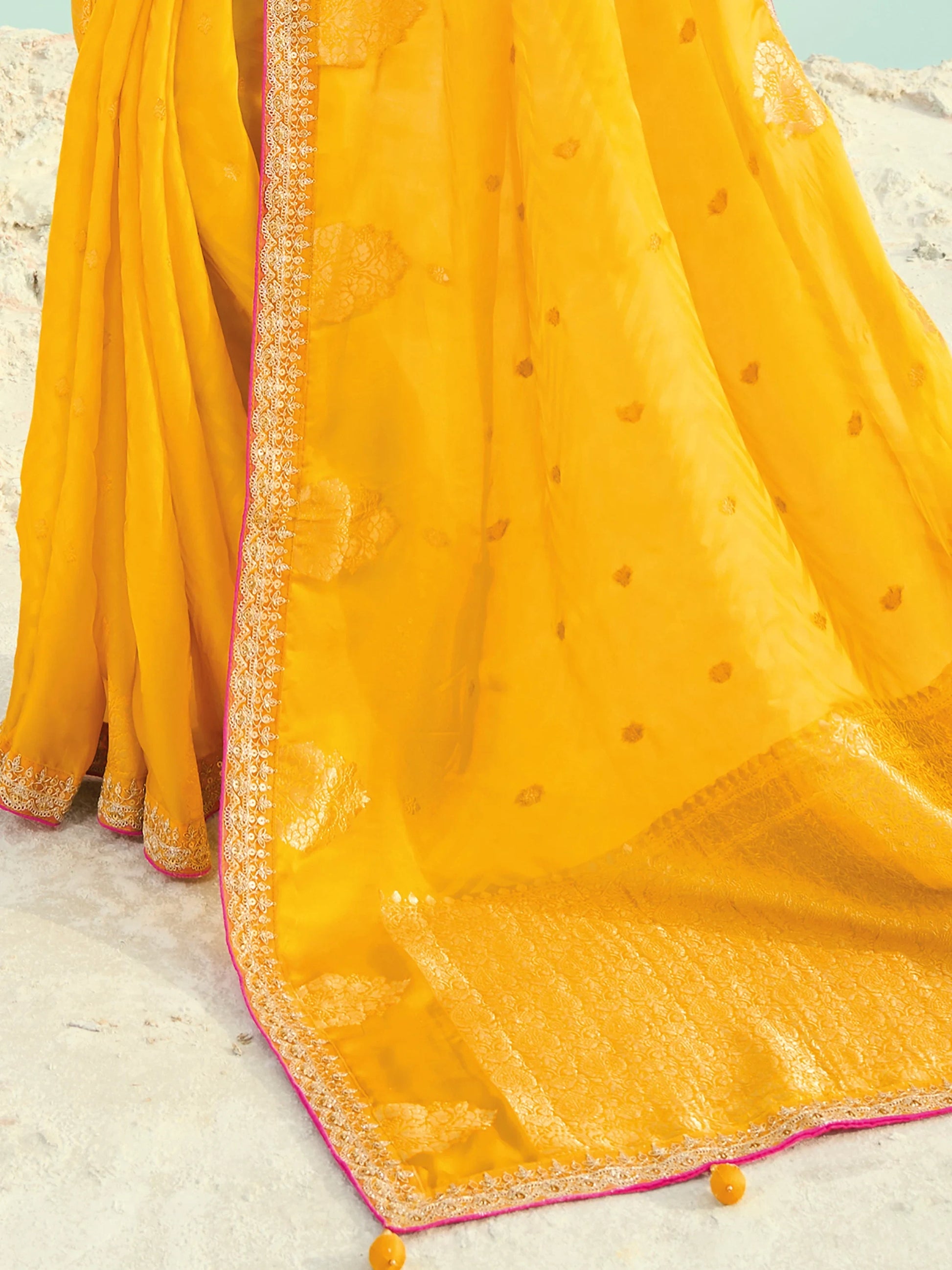 Sparkling Yellow Embroidered Satin Festival Wear Saree With Blouse
