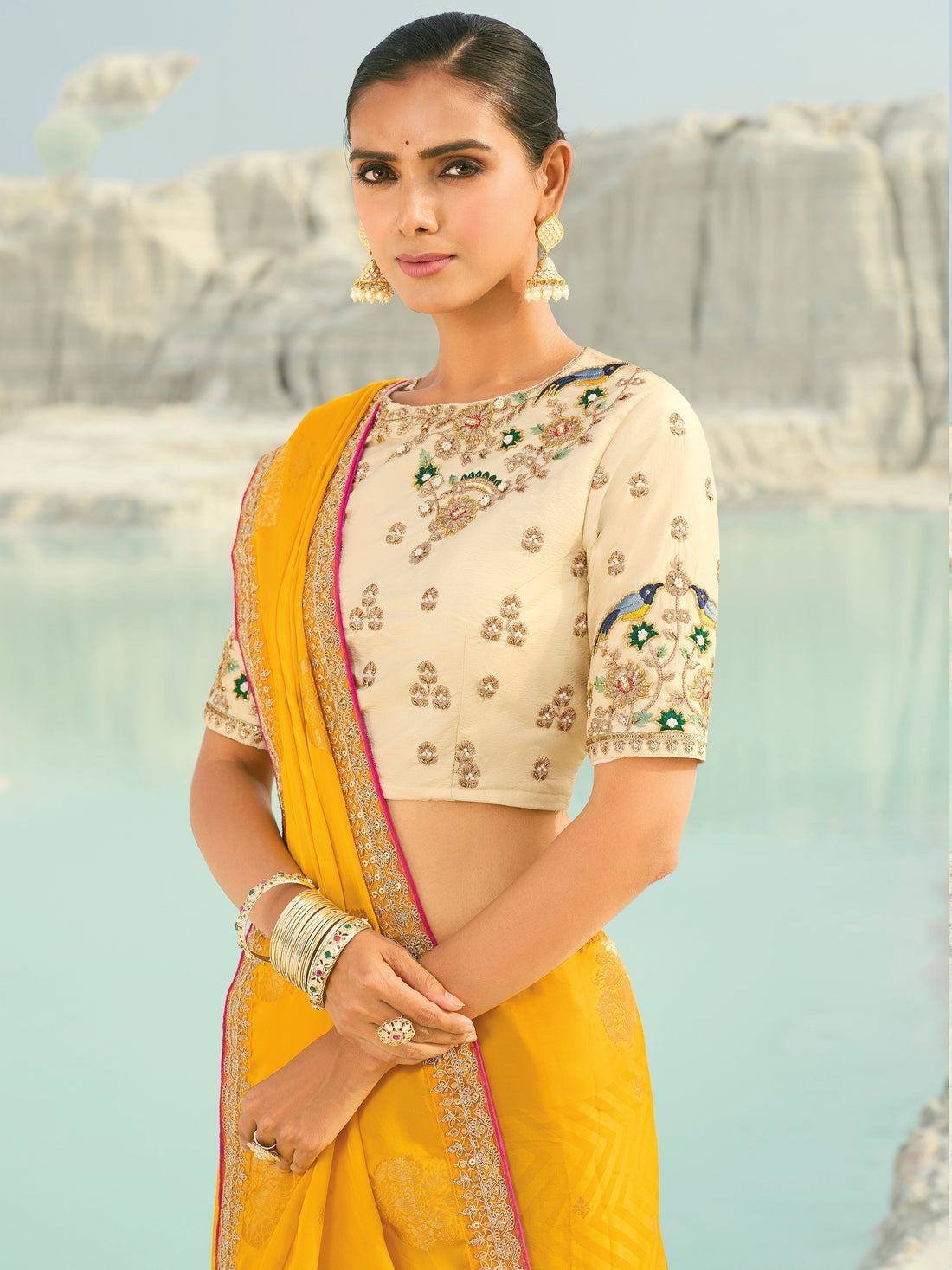 Sparkling Yellow Embroidered Satin Festival Wear Saree With Blouse