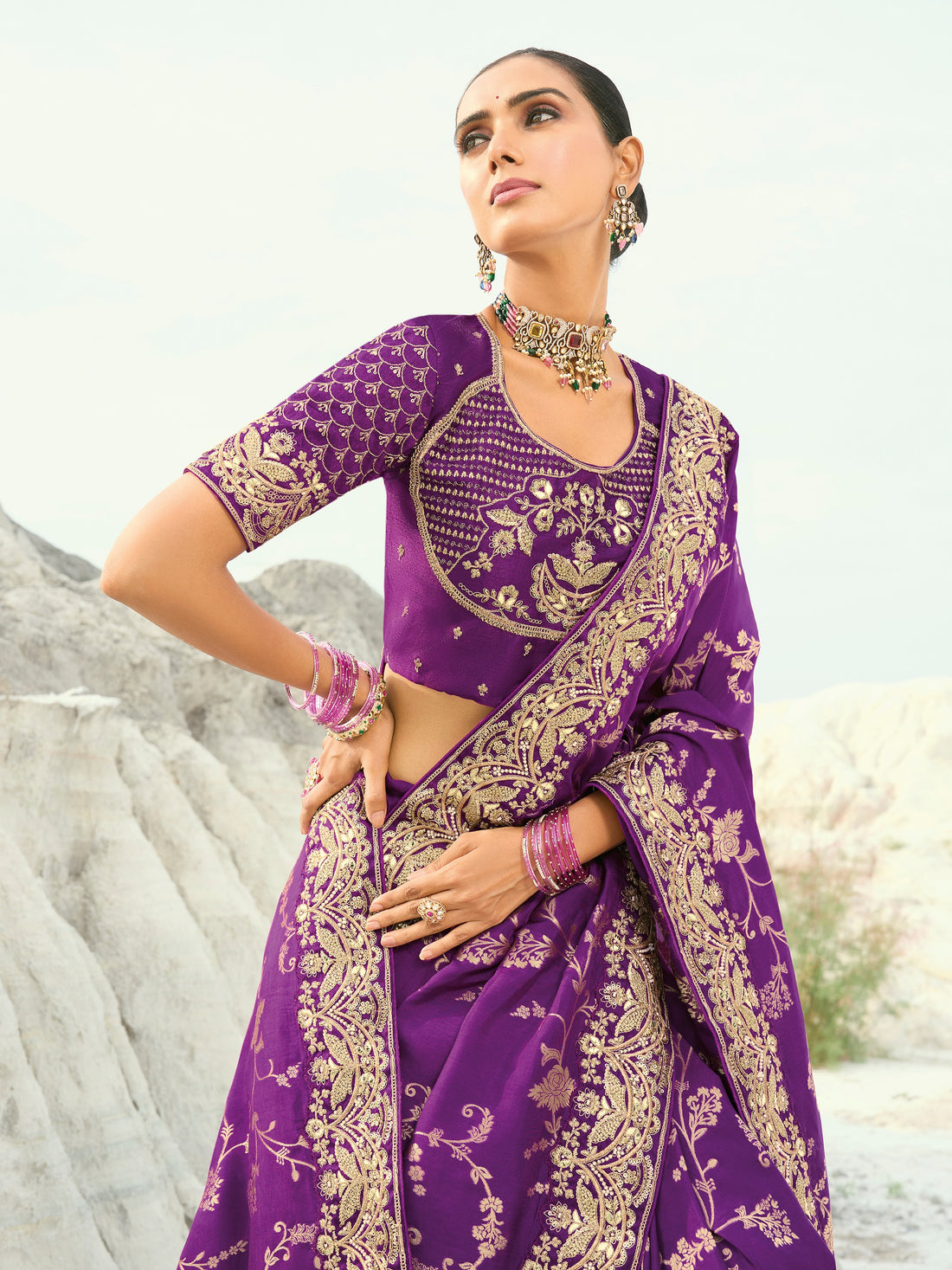 Alluring Purple Sequins Work Satin Wedding Wear Saree With Blouse