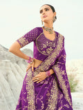 Alluring Purple Sequins Work Satin Wedding Wear Saree With Blouse