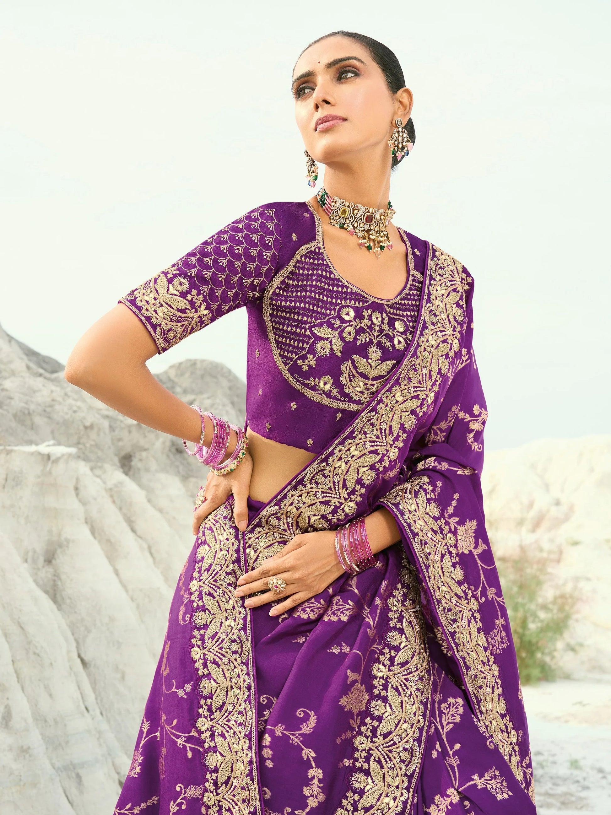 Alluring Purple Sequins Work Satin Wedding Wear Saree With Blouse