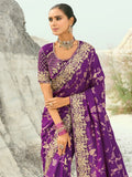 Alluring Purple Sequins Work Satin Wedding Wear Saree With Blouse