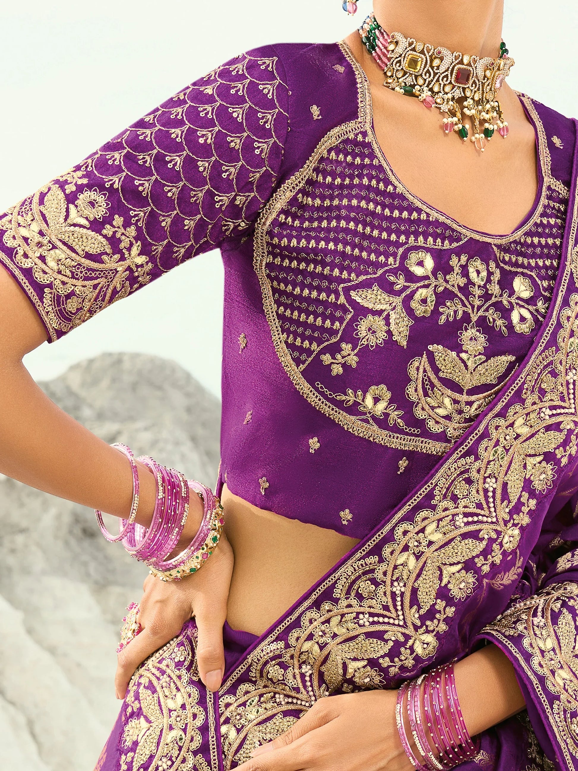 Alluring Purple Sequins Work Satin Wedding Wear Saree With Blouse