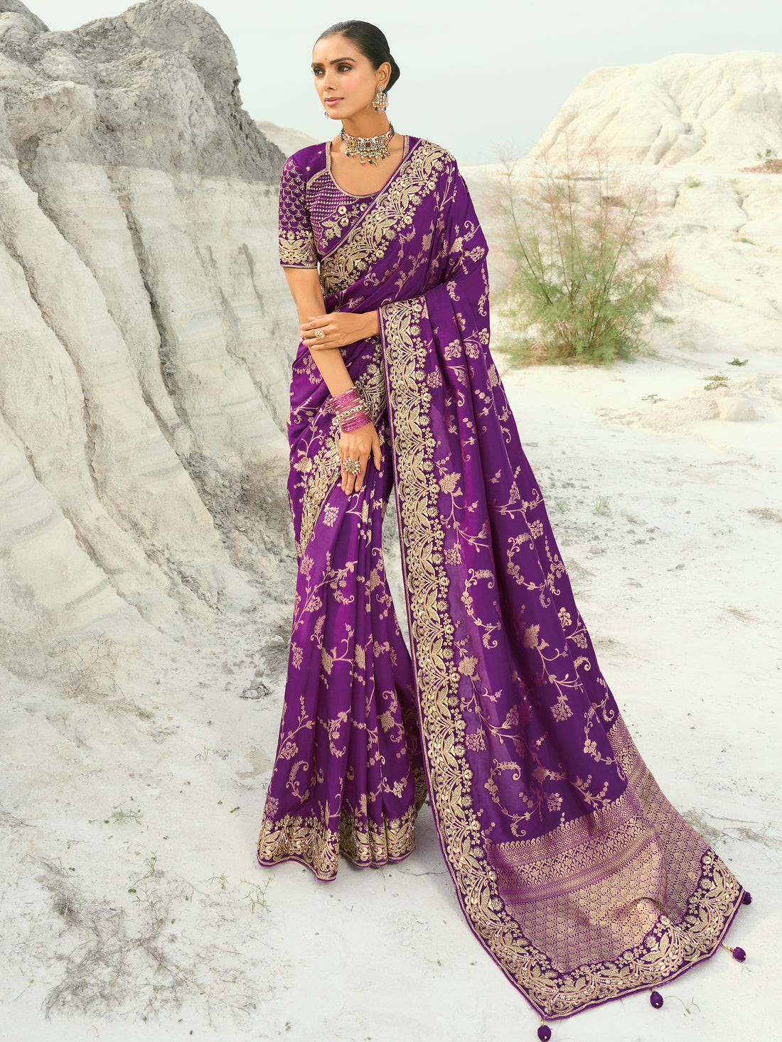 Alluring Purple Sequins Work Satin Wedding Wear Saree With Blouse