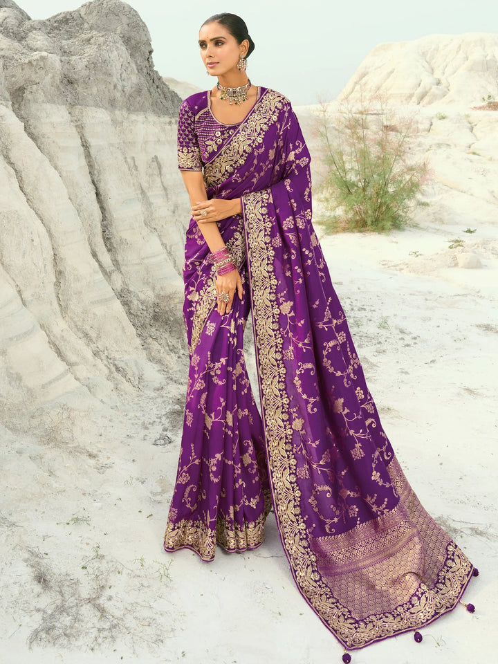 Alluring Purple Sequins Work Satin Wedding Wear Saree With Blouse