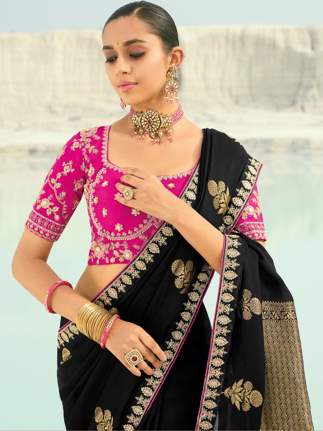 Incredible Black Embroidered Satin Reception Wear Saree With Blouse