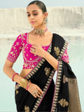 Incredible Black Embroidered Satin Reception Wear Saree With Blouse