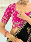 Incredible Black Embroidered Satin Reception Wear Saree With Blouse