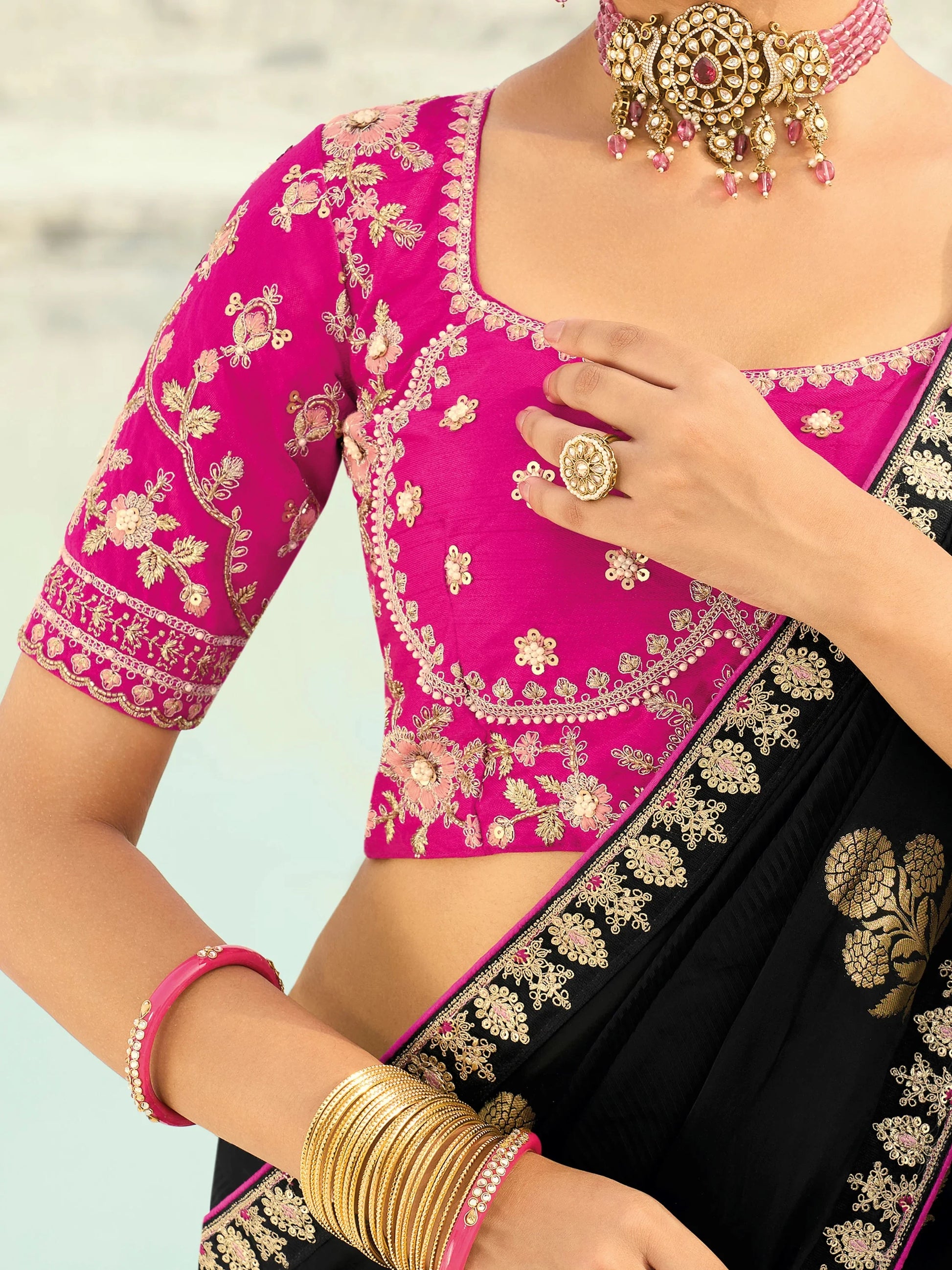 Incredible Black Embroidered Satin Reception Wear Saree With Blouse