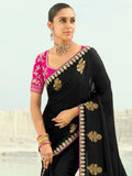 Incredible Black Embroidered Satin Reception Wear Saree With Blouse