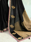 Incredible Black Embroidered Satin Reception Wear Saree With Blouse
