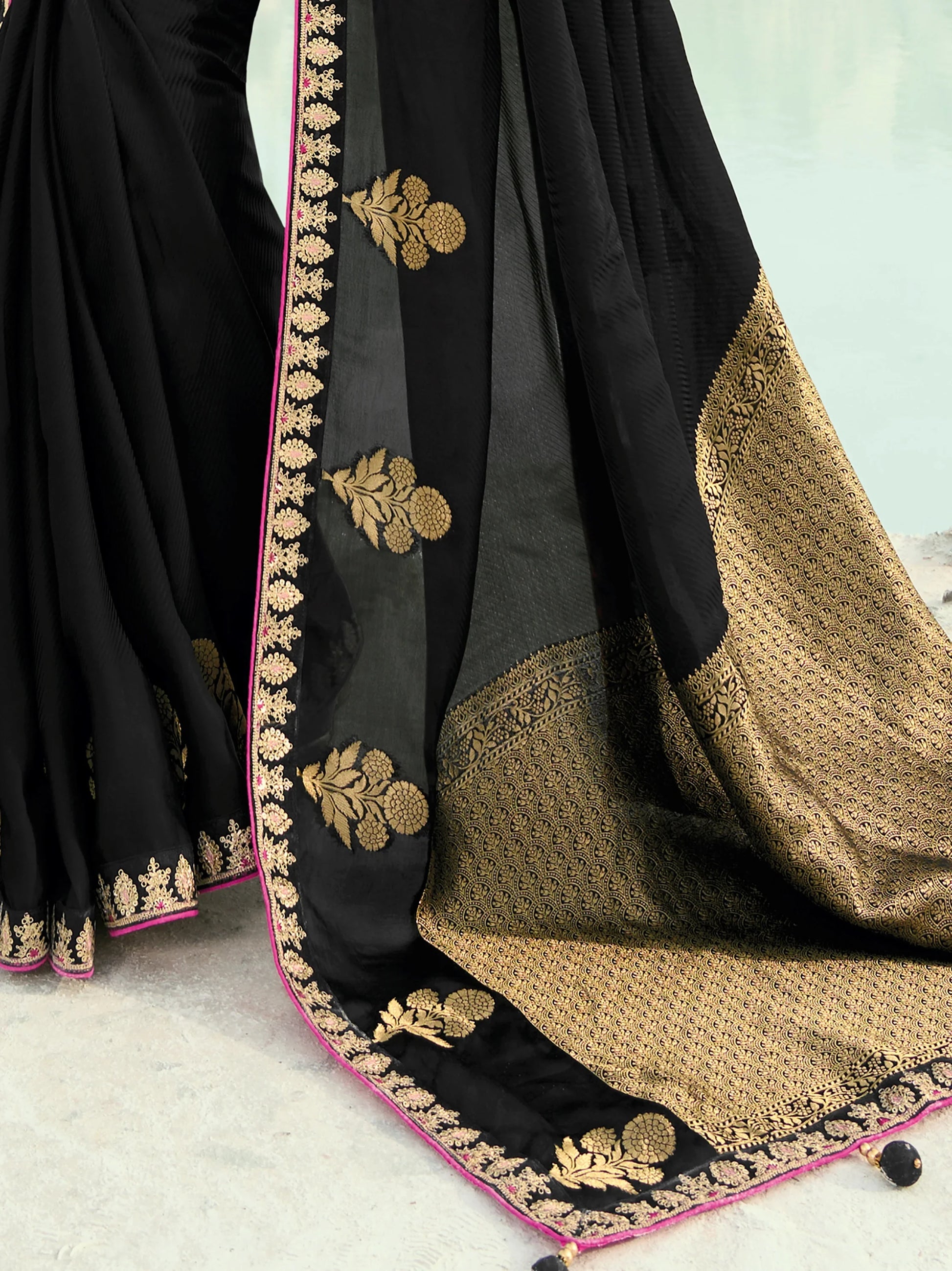 Incredible Black Embroidered Satin Reception Wear Saree With Blouse