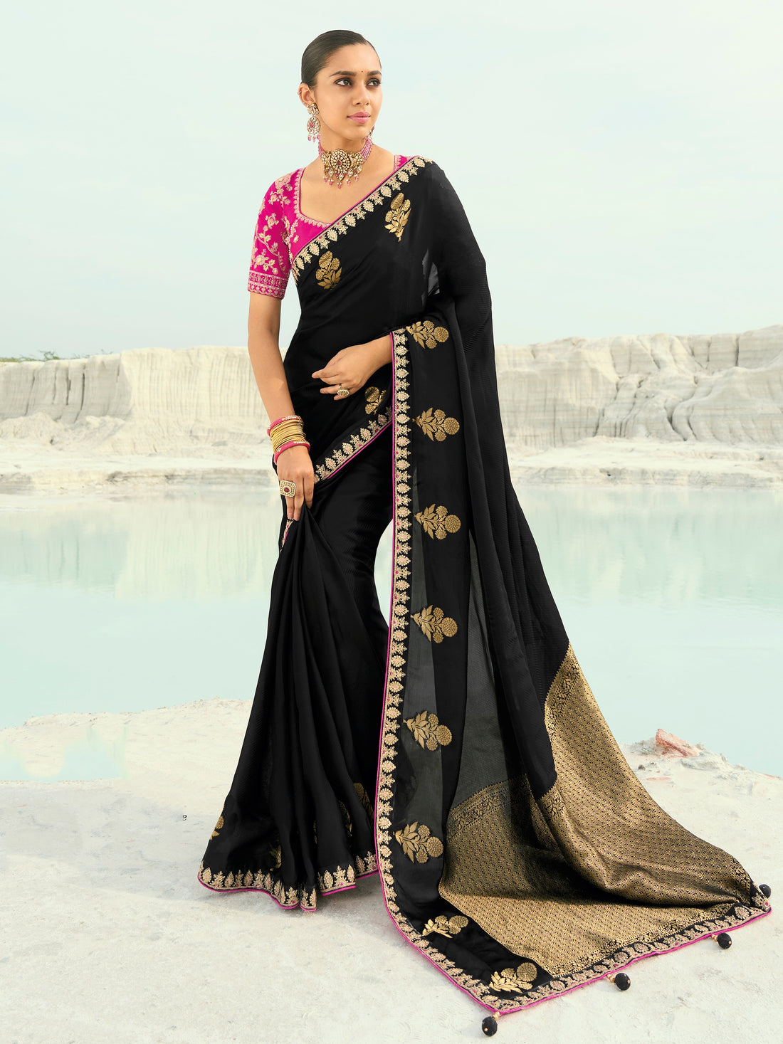 Incredible Black Embroidered Satin Reception Wear Saree With Blouse