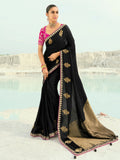 Incredible Black Embroidered Satin Reception Wear Saree With Blouse
