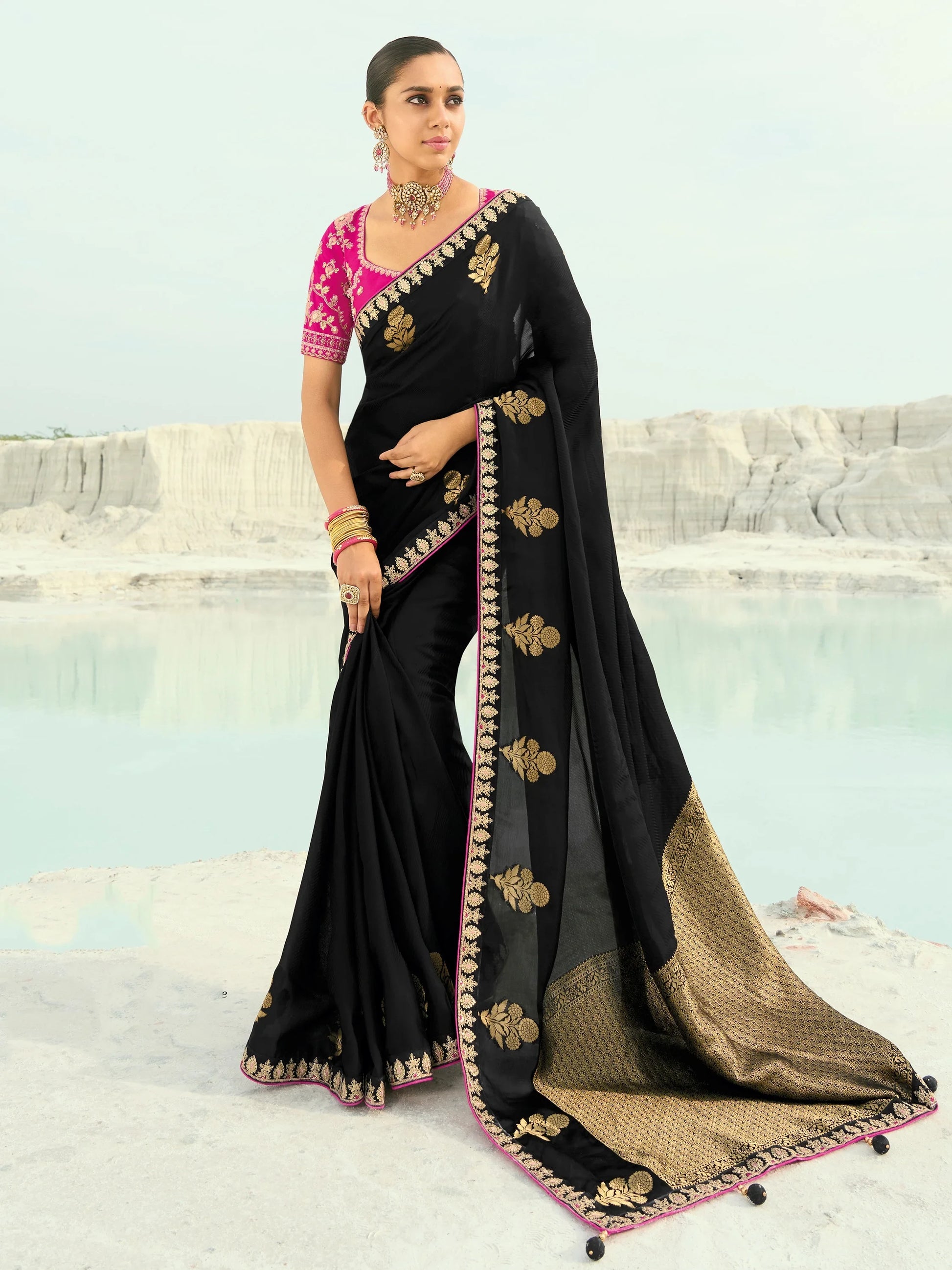 Incredible Black Embroidered Satin Reception Wear Saree With Blouse