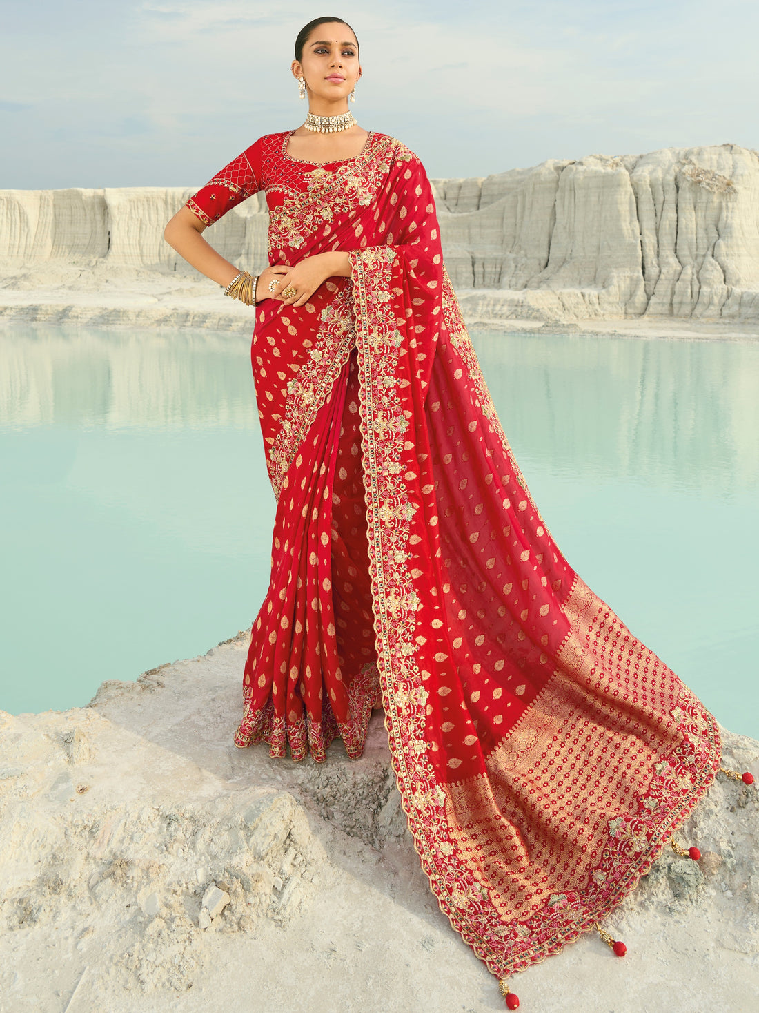 Fantastic Red Zari Work Satin Wedding Wear Saree With Blouse