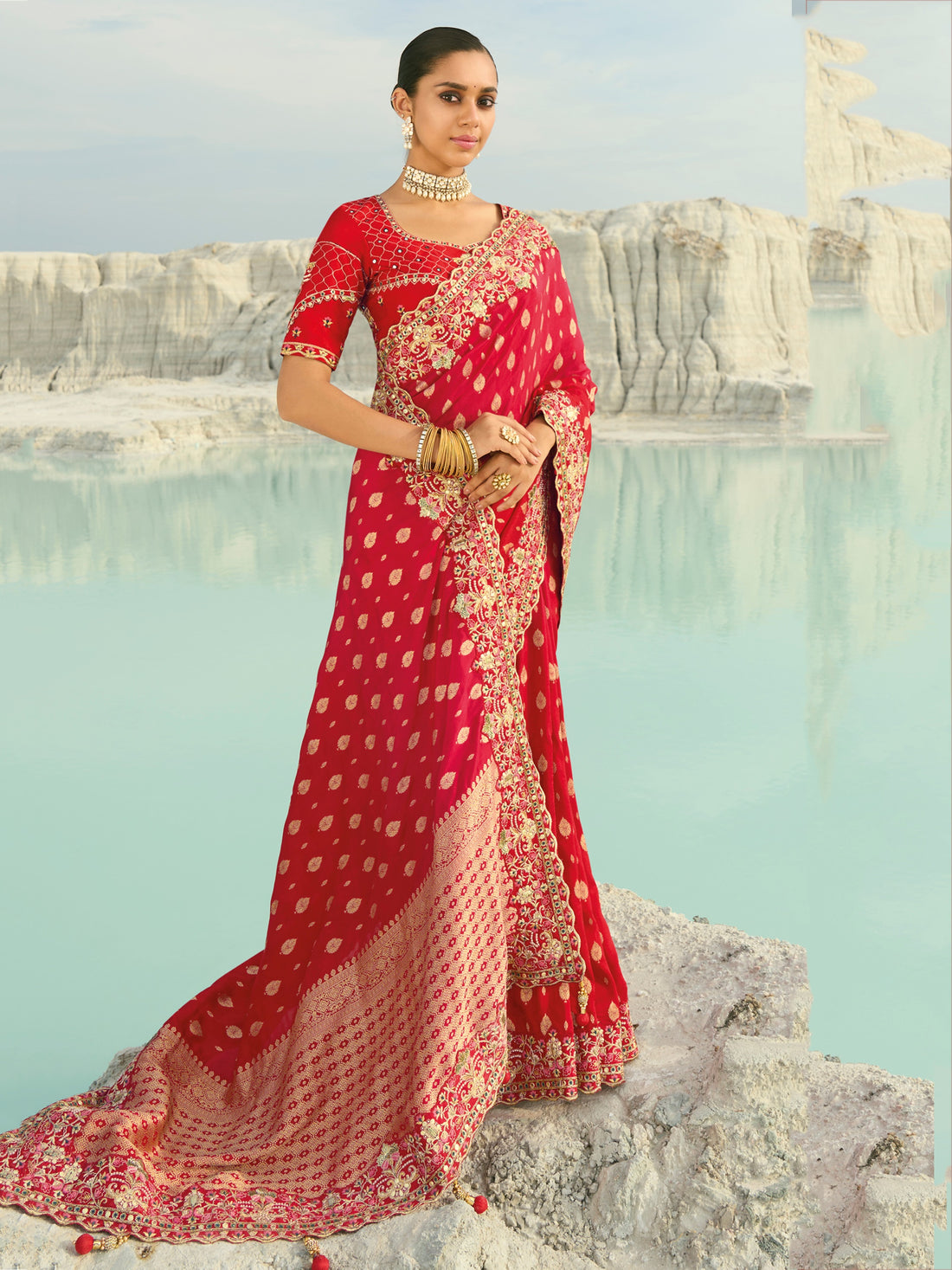 Fantastic Red Zari Work Satin Wedding Wear Saree With Blouse