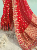 Fantastic Red Zari Work Satin Wedding Wear Saree With Blouse