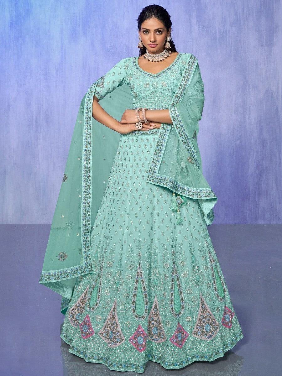 Awesome Aqua Blue Embroidered Georgette Lehenga Choli With Dupatta