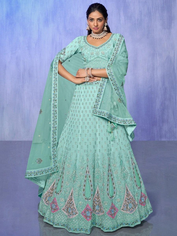 Awesome Aqua Blue Embroidered Georgette Lehenga Choli With Dupatta