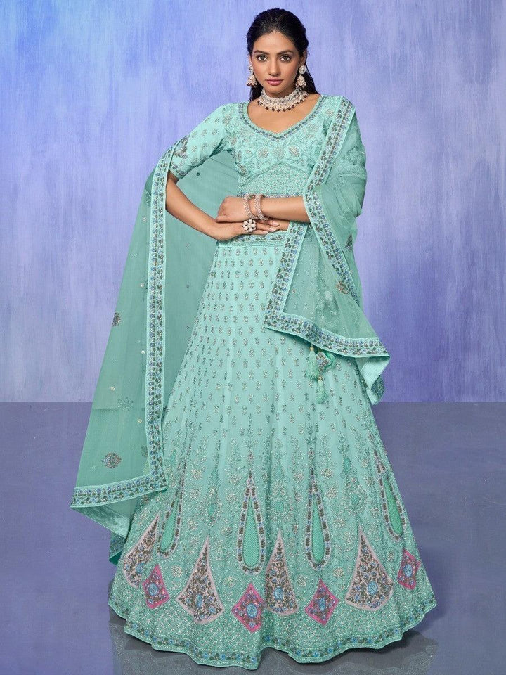 Awesome Aqua Blue Embroidered Georgette Lehenga Choli With Dupatta