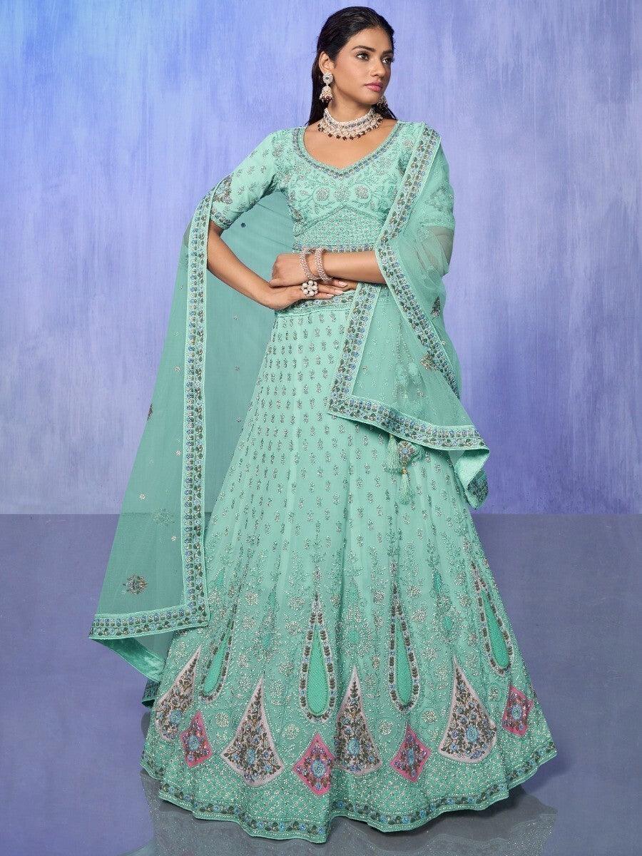 Awesome Aqua Blue Embroidered Georgette Lehenga Choli With Dupatta