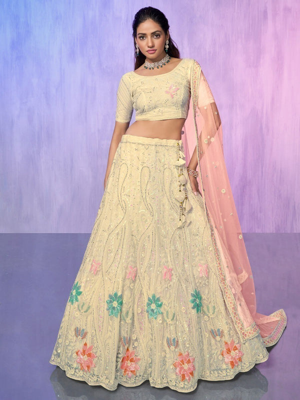 Amazing Off-White Embroidered Net Lehenga Choli With Dupatta