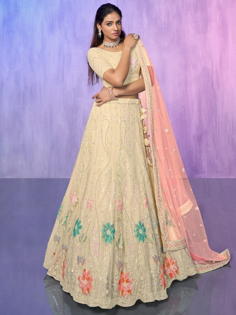 Amazing Off-White Embroidered Net Lehenga Choli With Dupatta