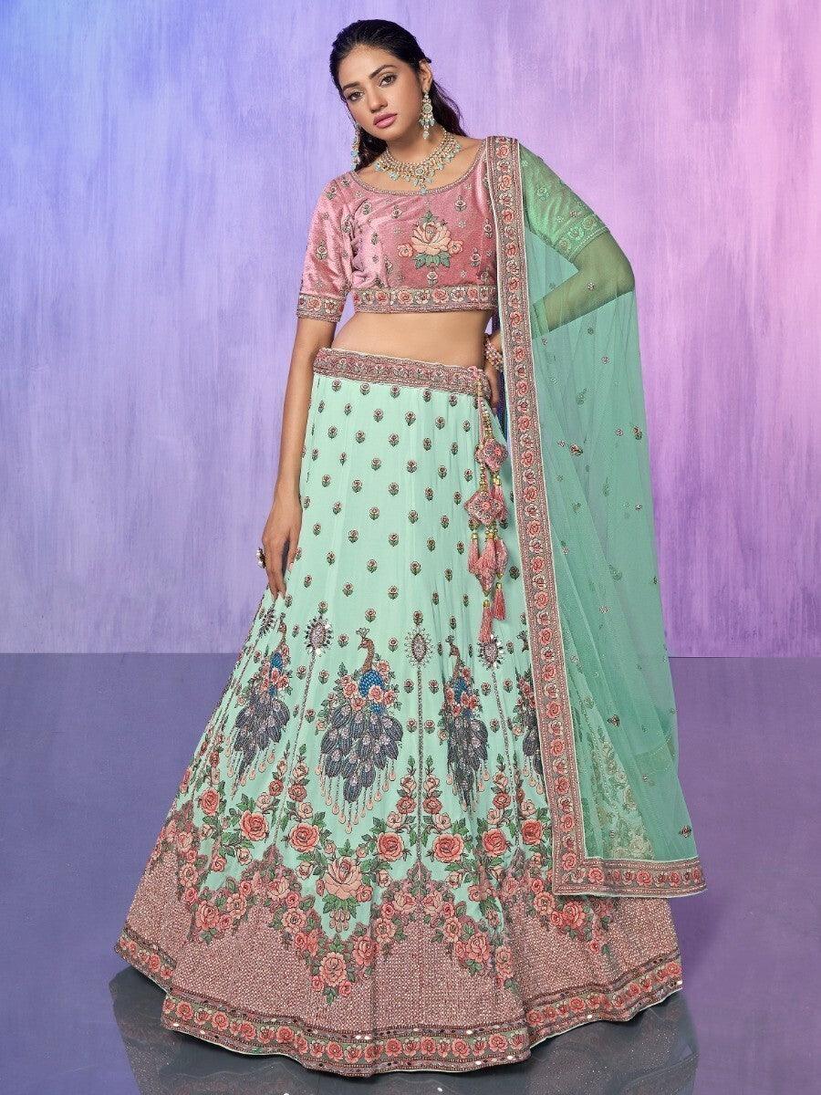 Fabulous Aqua Green Embroidered Georgette Lehenga Choli With Dupatta