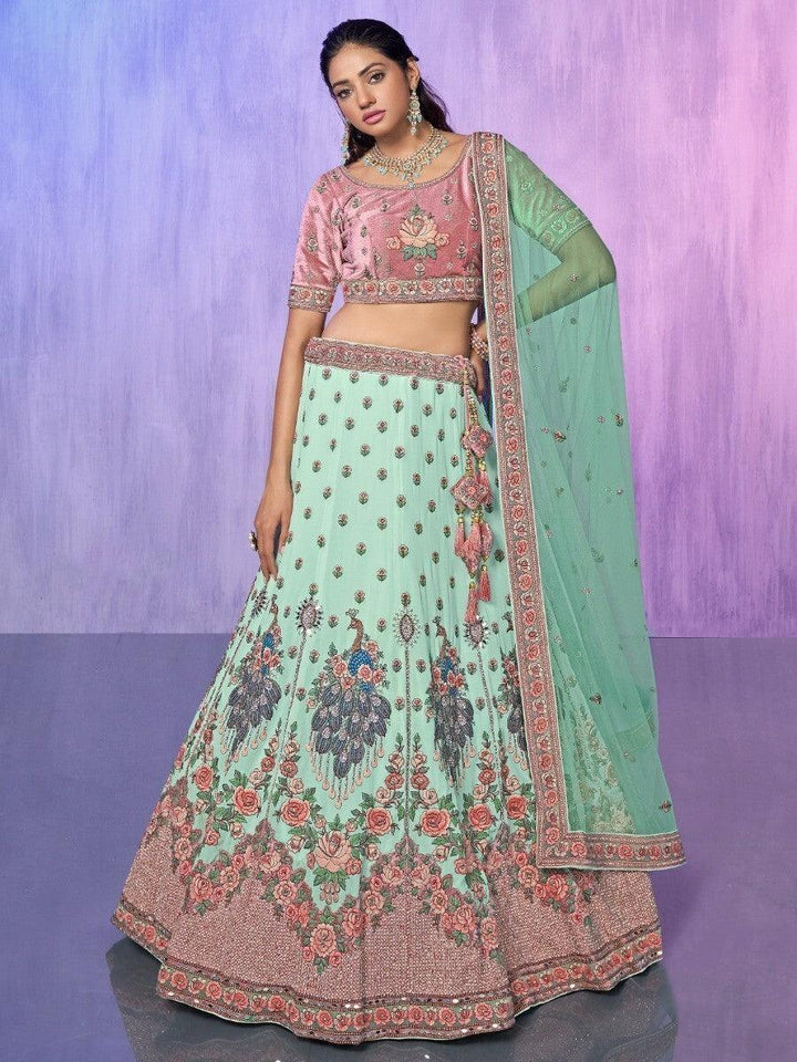 Fabulous Aqua Green Embroidered Georgette Lehenga Choli With Dupatta