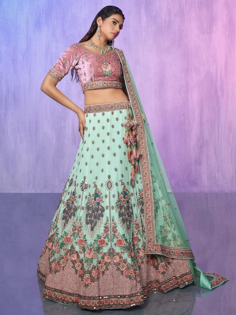 Fabulous Aqua Green Embroidered Georgette Lehenga Choli With Dupatta