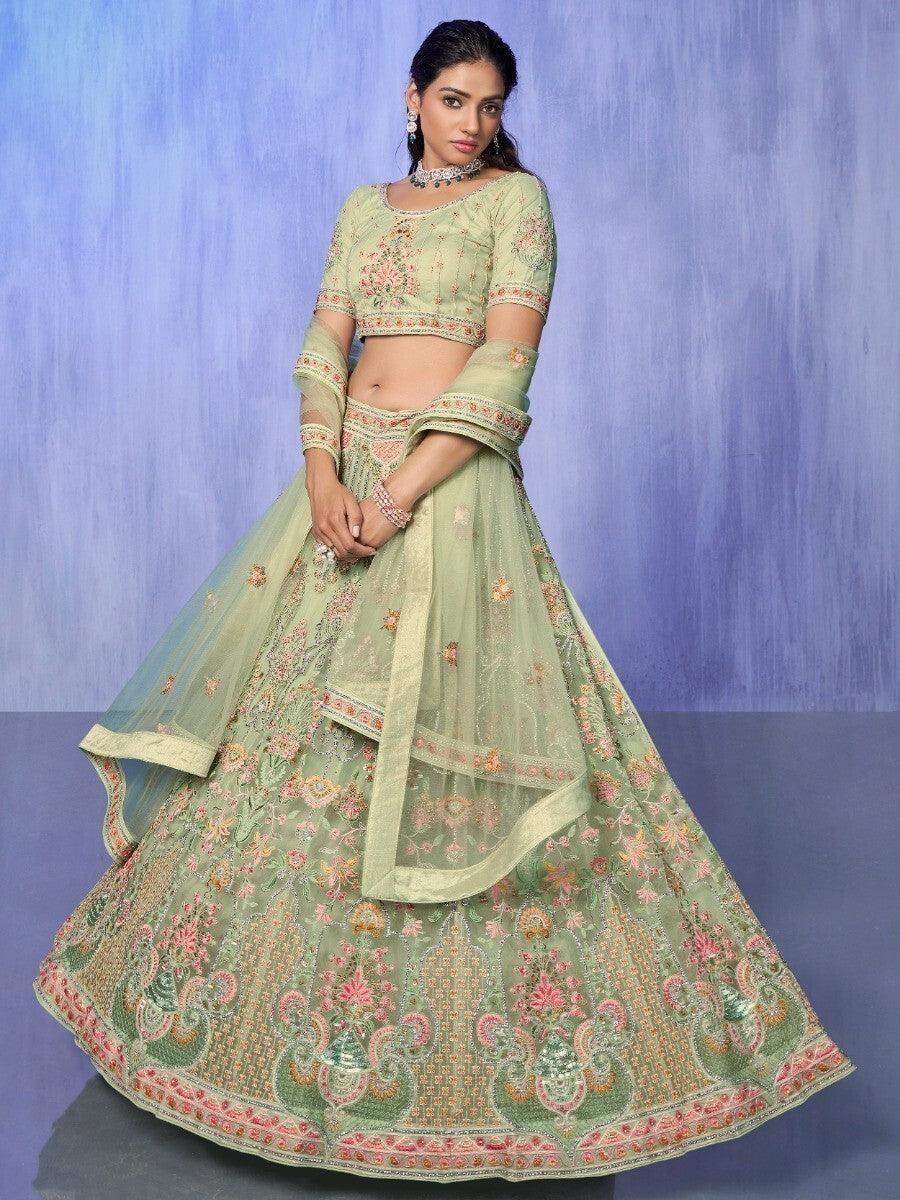 Astonishing Green Embroidered Net Lehenga Choli With Dupatta