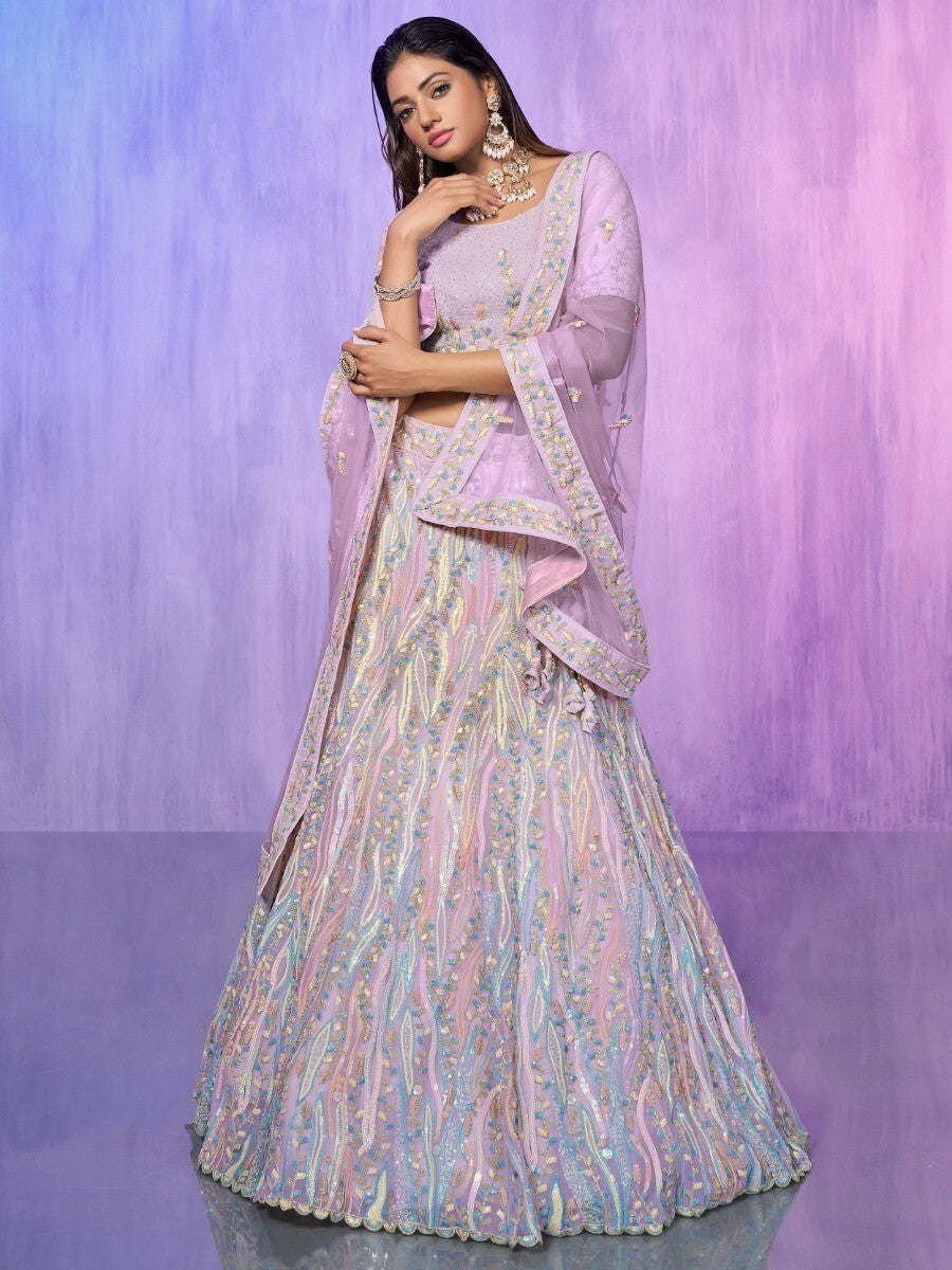 Alluring Lavender Sequins Organza Lehenga Choli With Dupatta