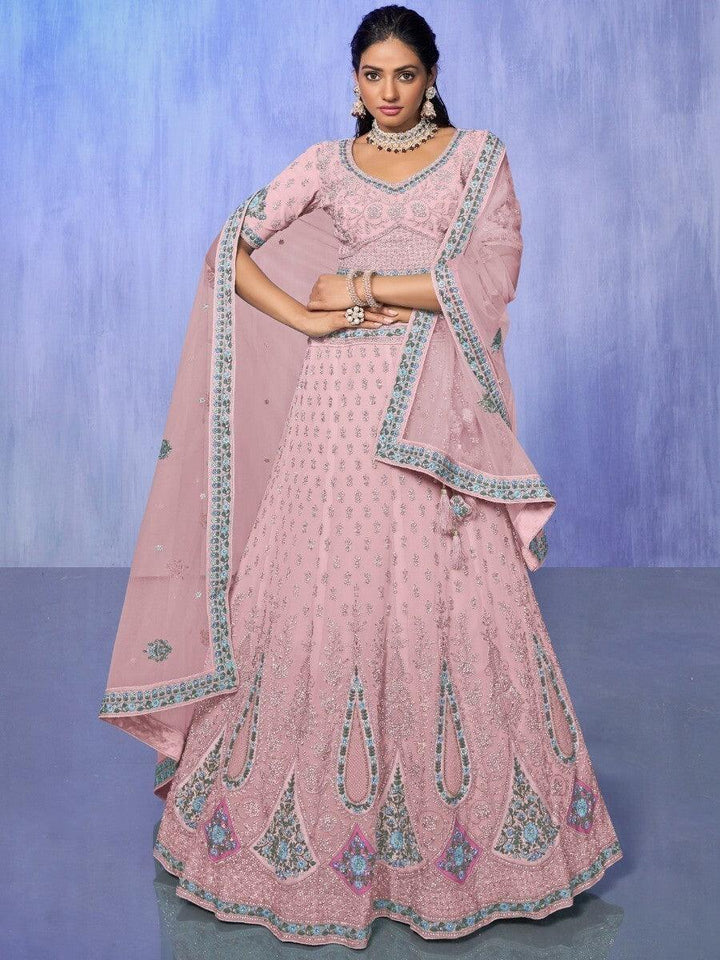 Marvelous Pink Embroidered Georgette Lehenga Choli With Dupatta