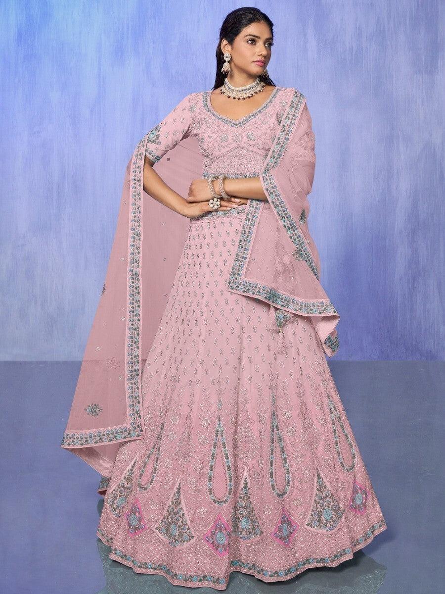 Marvelous Pink Embroidered Georgette Lehenga Choli With Dupatta