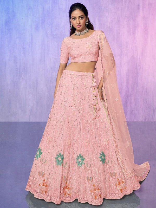 Charming Peach Embroidered Net Lehenga Choli With Dupatta