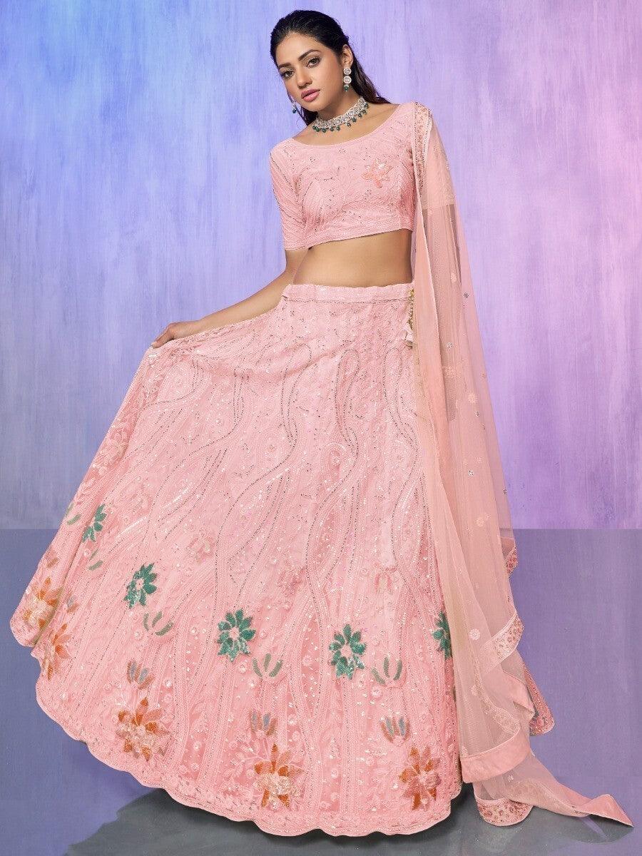 Charming Peach Embroidered Net Lehenga Choli With Dupatta