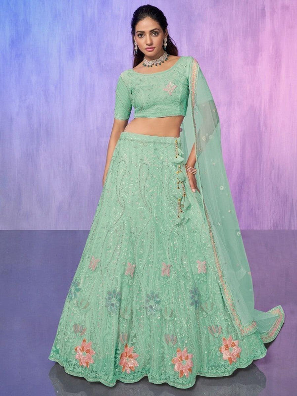 Enchanting Aqua Green Sequins Net Lehenga Choli With Dupatta