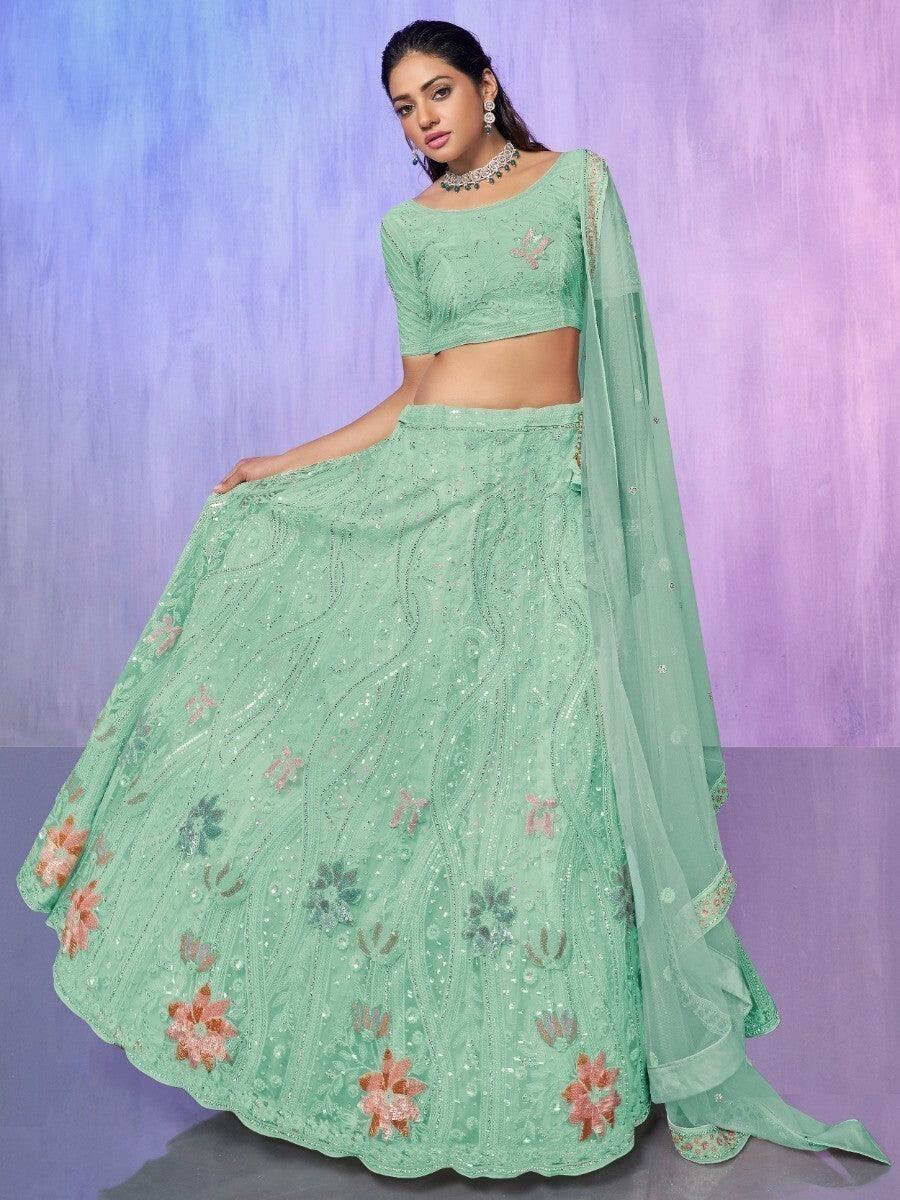 Enchanting Aqua Green Sequins Net Lehenga Choli With Dupatta