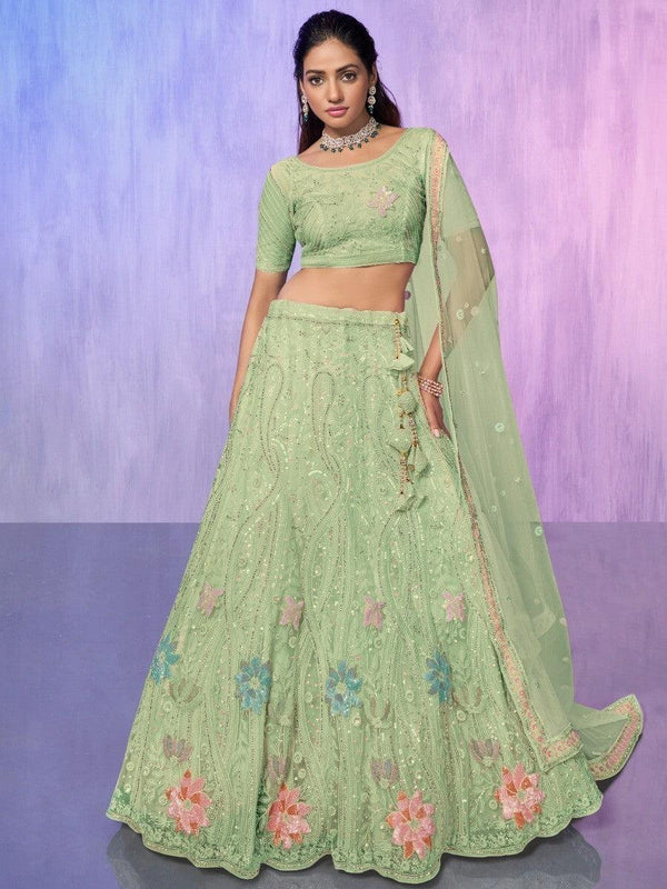 Fancified Sea Green Sequins Net Lehenga Choli With Dupatta