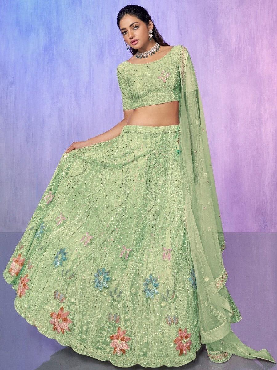 Fancified Sea Green Sequins Net Lehenga Choli With Dupatta