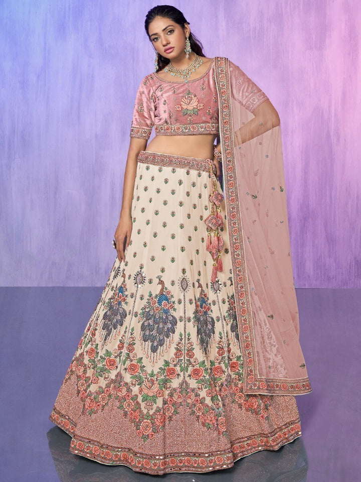 Pretty Off-White Embroidered Georgette Lehenga Choli With Dupatta