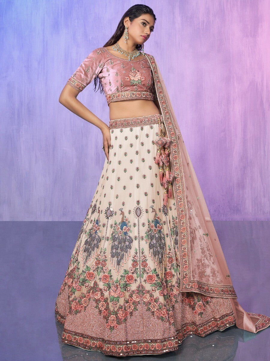 Pretty Off-White Embroidered Georgette Lehenga Choli With Dupatta
