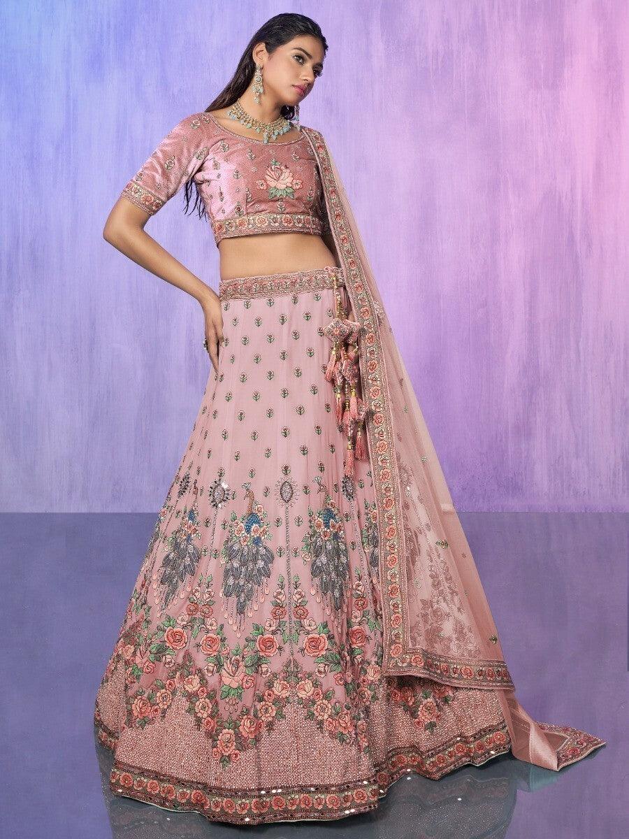 Lovely Peach Embroidered Georgette Lehenga Choli With Dupatta