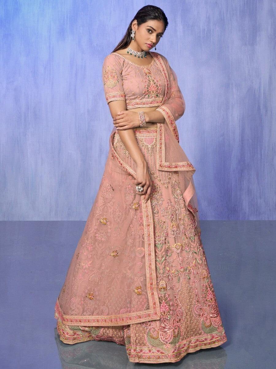 Adorable Peach Embroidered Net Lehenga Choli With Dupatta