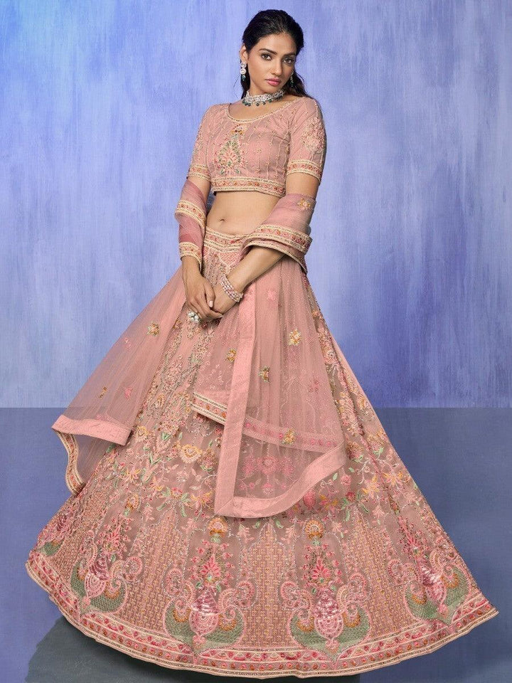 Adorable Peach Embroidered Net Lehenga Choli With Dupatta